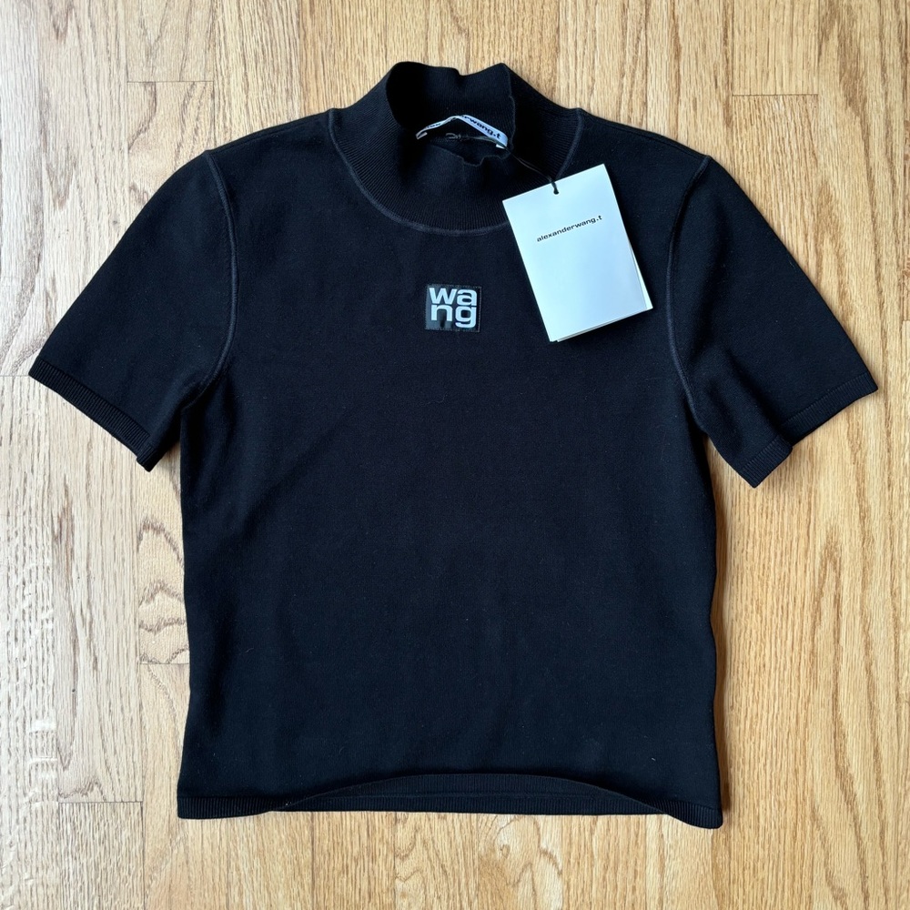 Alexander Wang Foundation Bodycon Mock Neck Short Sleeve Top Black Small
